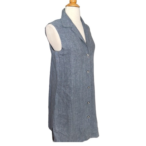 ELLEN TRACY Blue Linen Shirtdress Casual Lounge Sleeveless Button Front, Size 8 - Picture 4 of 13